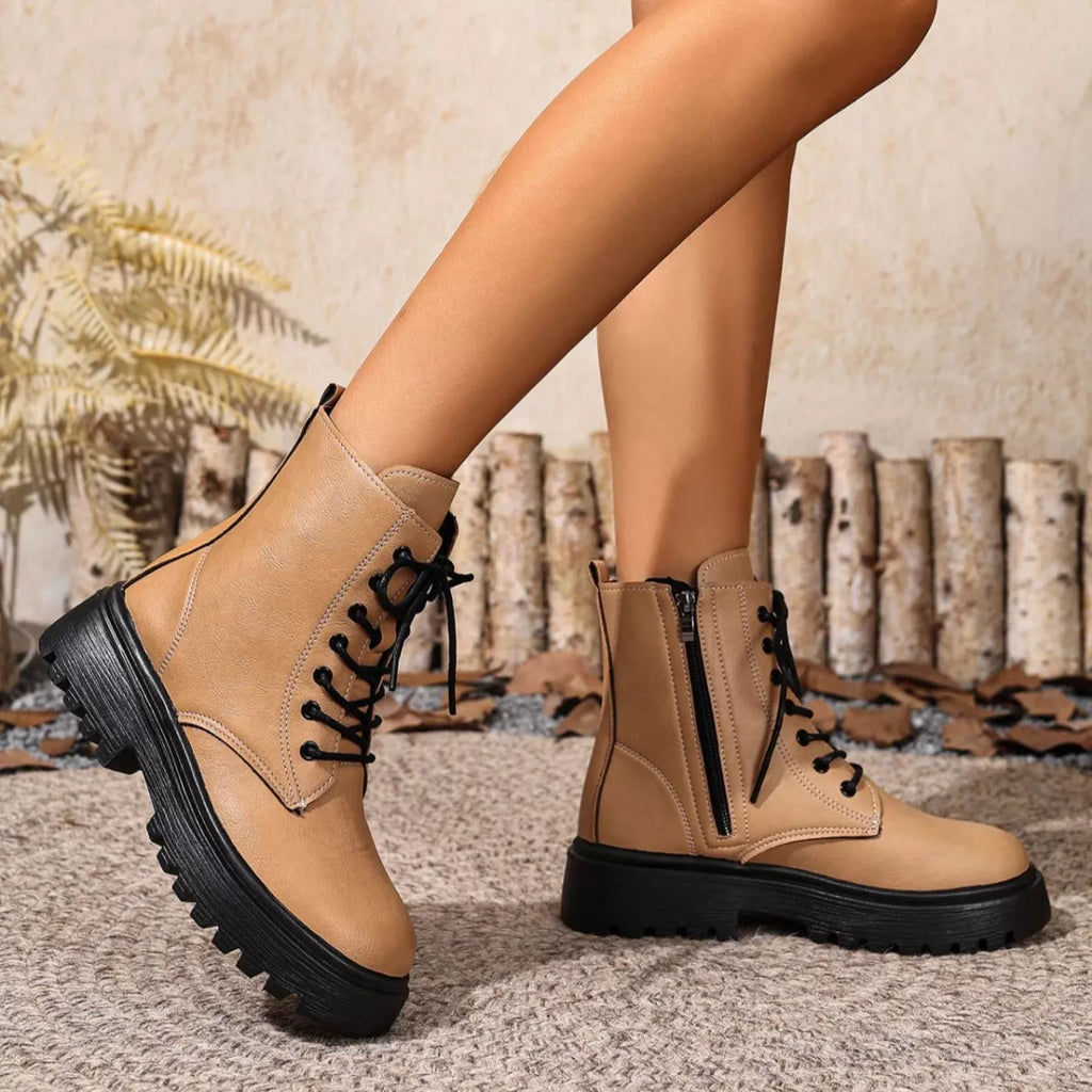 Women's Lace-Up Ankle Combat Boots | Low Heel PU Leather | Khaki Pink Brown