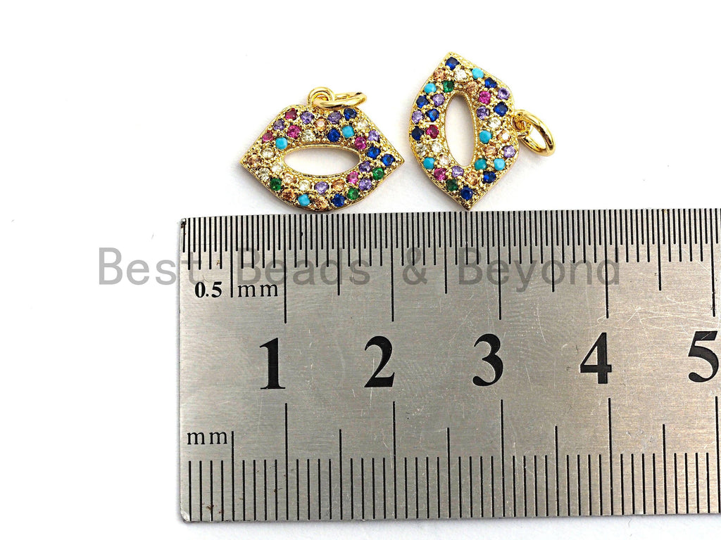 CZ Colorful Micro Pave Lip Charm, Lip Shaped Pave Pendant, Gold plated, 12x15mm, Sku#F750