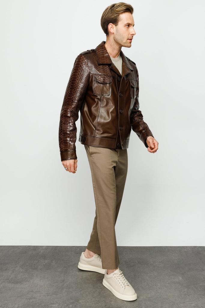 The Manteca Pythn Skin Brown Leather Men Jacket