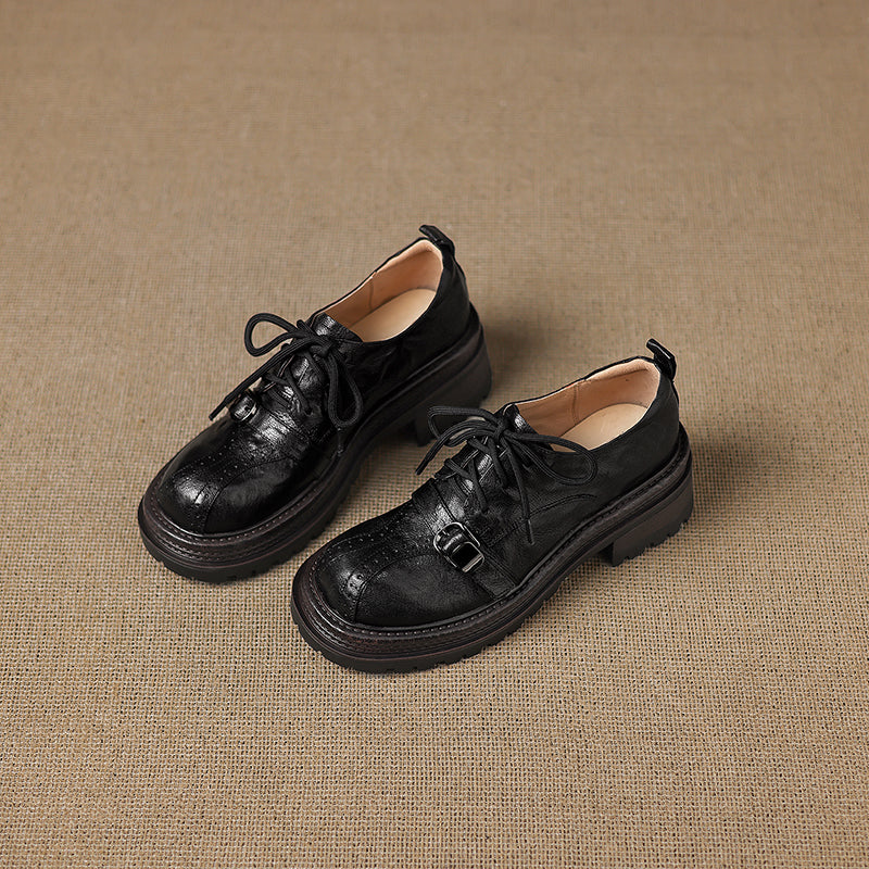 Women's Platform Oxford Shoes | Handmade Full-Grain Sheepskin Chunky Heel Lace-Up Brogues