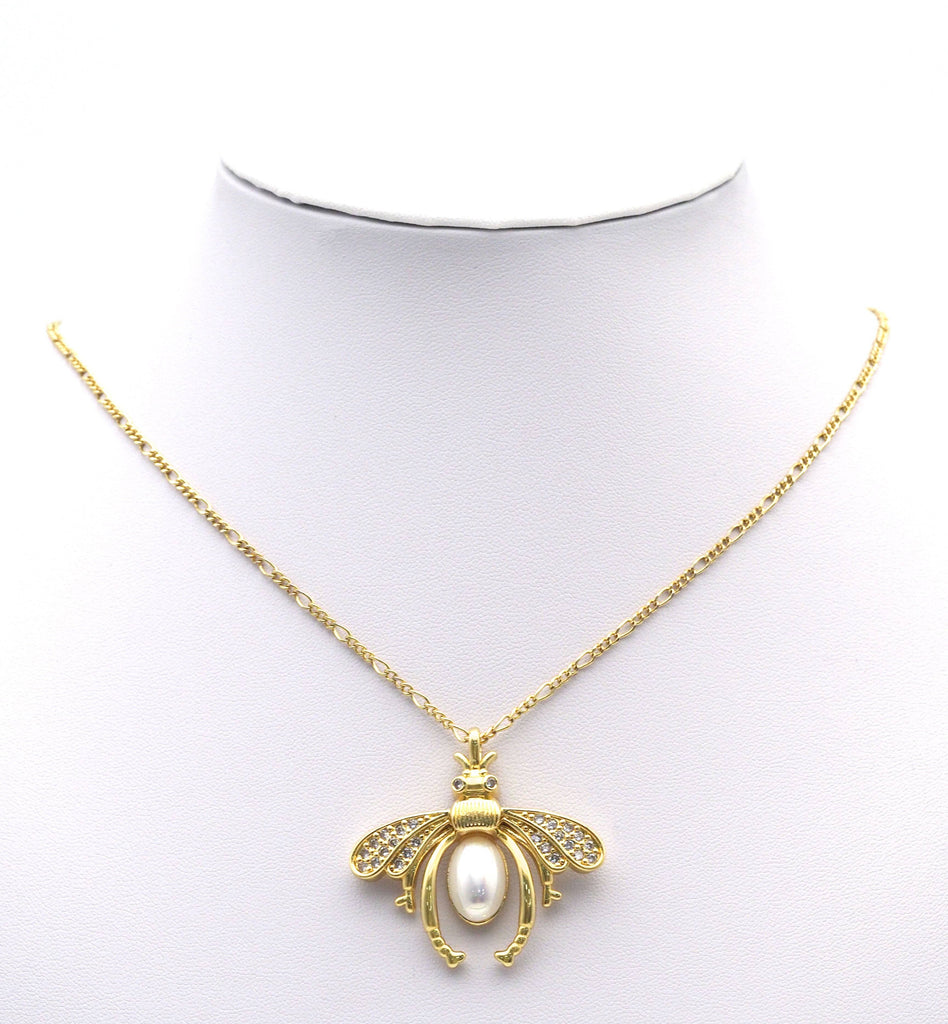 Large Pave CZ Gold Pearl Bee Insect Charm, Sku#LX147