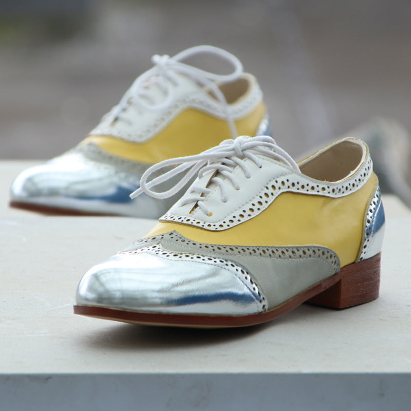 Women's Yellow Lace-Up Block Heel Pumps - Round Toe Low Heel Dress Shoes