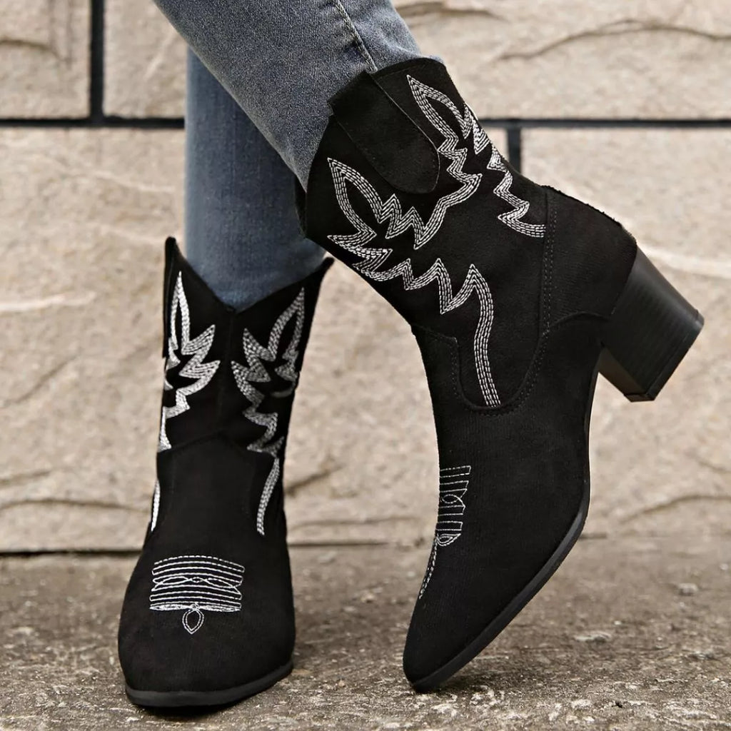 Women's Point Toe Block Heel Boots – Suede Mid Heel Ankle Boots