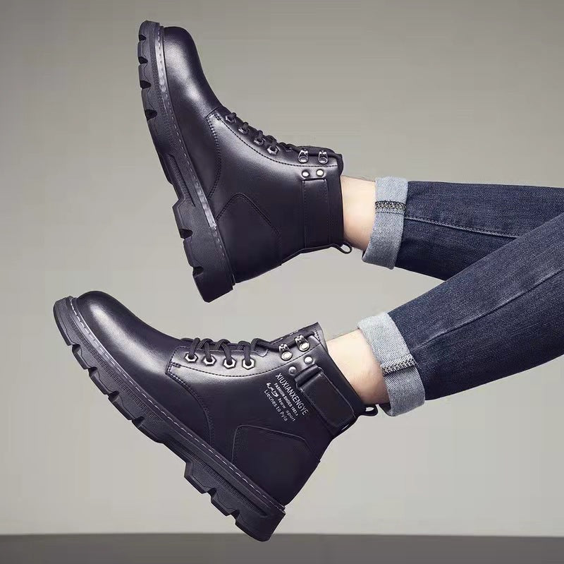 Men's Korean Style Mid-to-High Top Lace-Up Boots | Height Boosting & Warm