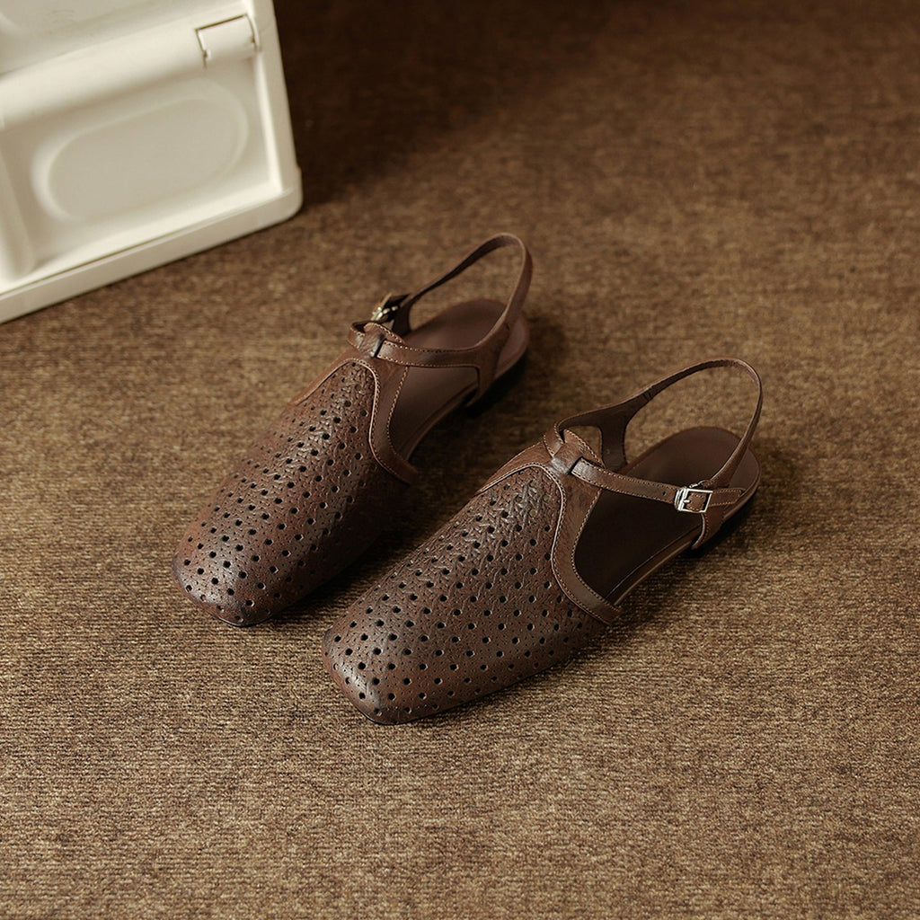 Women's Perforated Leather Slingback Sandals | T-Strap Closed-Toe Flat Shoes