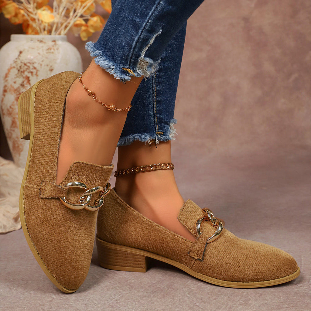 Women's Chunky Heel Suede Pumps – Elegant Metal Chain Pointed Toe Slip-On Shoes