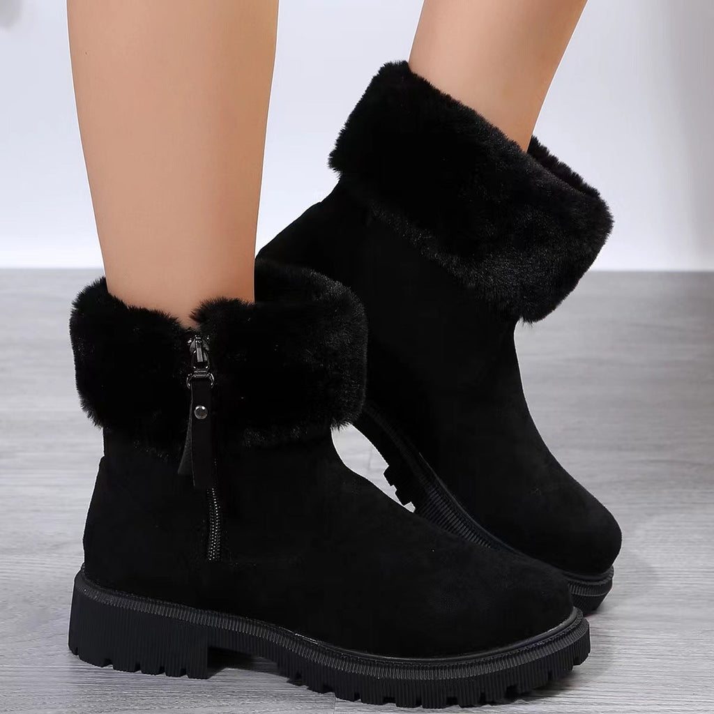 Women's Plush Lined Winter Snow Boots Side Zipper Thick Heel Anti-Slip Outdoor Boots
