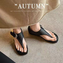 Load image into Gallery viewer, Women's Handwoven Cowhide Thong Sandals | Full-Grain Leather Ankle Buckle Flat Shoes