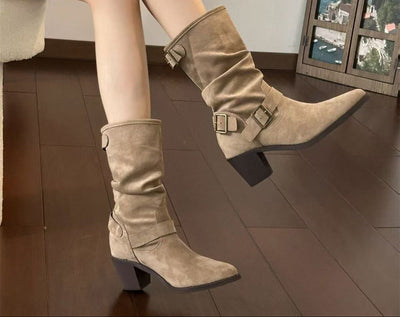 Women's Chunky Heel Pleated Suede Booties | Buckle Strap High Shaft Boots