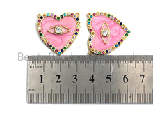 Load image into Gallery viewer, CZ Colorful Micro Pave Enamel Heart With Evil Eye Pendant, Pink Heart ,Heart Shaped Pave Pendant, Gold plated, 26x27mm, Sku#F852