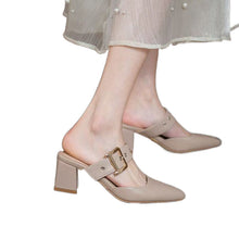 Load image into Gallery viewer, Women's Korean-Style Pointed Toe Chunky Heel Slippers | Microfiber Leather Slip-On Shoes