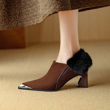 Load image into Gallery viewer, Women's Retro Pointed-Toe Chunky Heel Suede Boots with Side Zipper | Black &amp; Brown