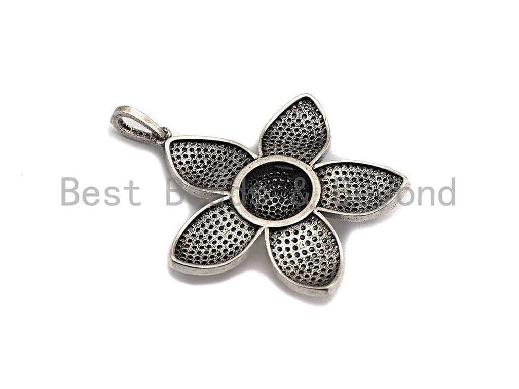 CZ Micro Pave Sakura Flower Pendant, Antique Silver Tone, Clear Cubic Zirconia Big Pave Flower Charm Pendant, 40x41mm,sku#F999C