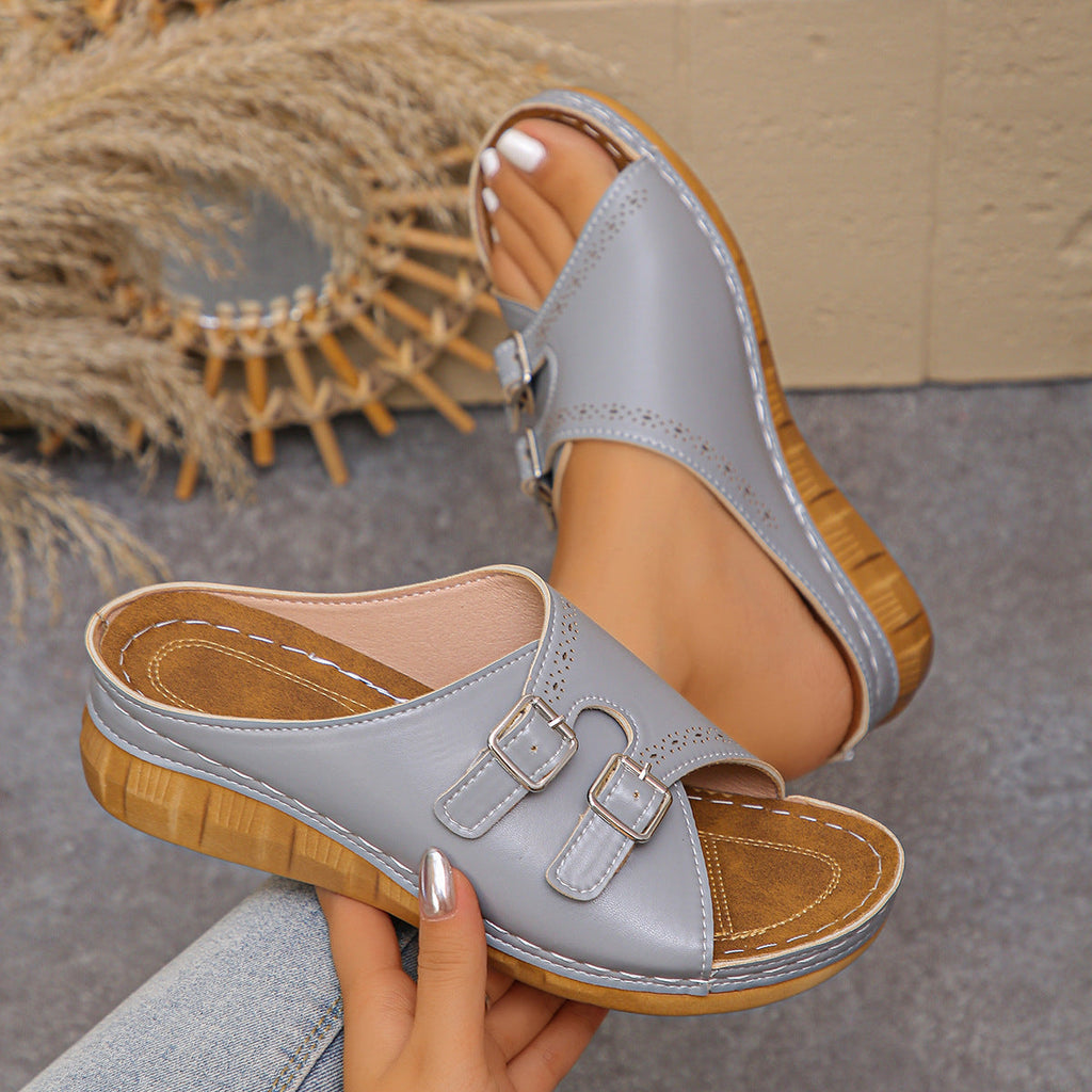 Women's Open-Toe Buckle Sandals | PU Leather Low-Heel Slides