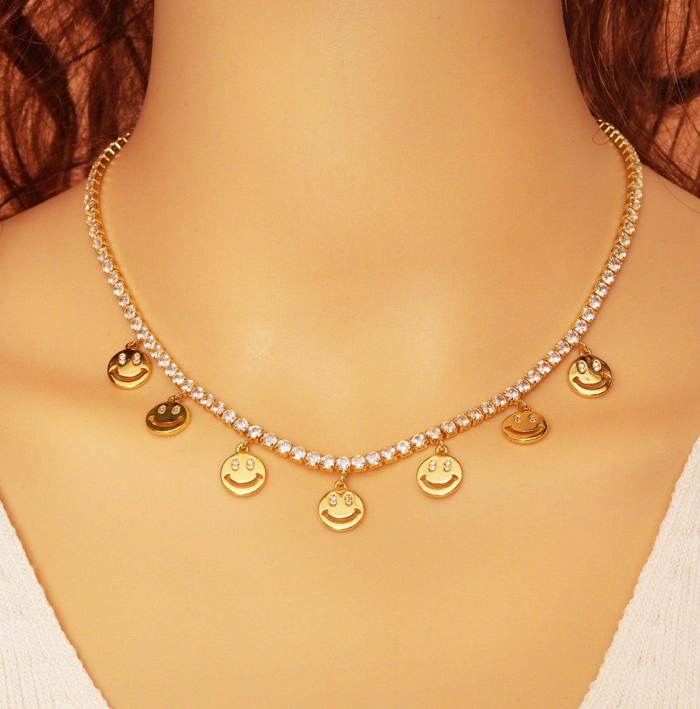 Smiley Face Tennis Chain Necklace, Choker Necklace, sku#LD368