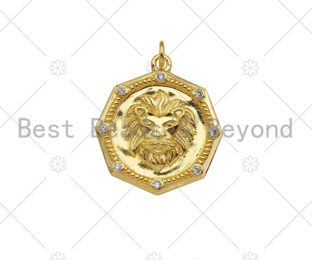 Gold Filled CZ Micro Pave Embossed Lion Head On Round Shape Pendant,18K Gold Filled Lion Charm, Necklace Bracelet Pendant,21x25mm,Sku#LK338