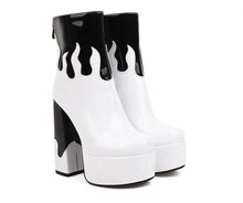 Load image into Gallery viewer, Women's Patent Leather Colorblock Ankle Boots | Chunky Heel Zipper Boots