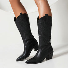 Load image into Gallery viewer, Women's Tall Western Boots – Embroidered Sequin Chunky Heel High Boot | Black, White &amp; Pink