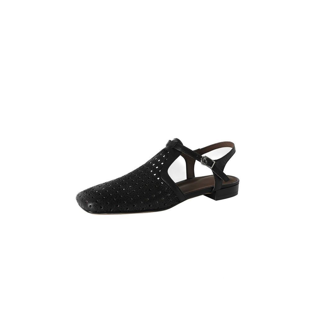 Women's Perforated Leather Slingback Sandals | T-Strap Closed-Toe Flat Shoes