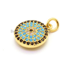 Load image into Gallery viewer, CZ Micro Pave 13mm Turquoise Evil Eye Round Coin Charm, Cubic Zirconia Pendant, CZ Dangle Charms, Silver/Rose Gold/Gold/Black Tone, sku#F34