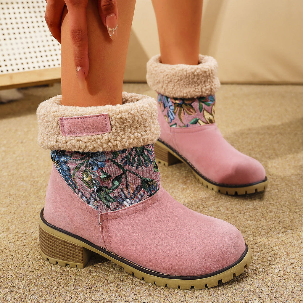 Women's Embroidered Snow Boots | Ethnic Floral Platform Square Heel Mid-Calf Winter Boots