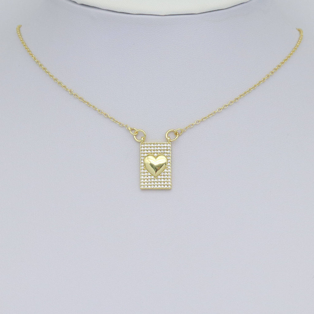 Gold Clear CZ Heart On Rectangle Charm Pendant, Sku#LK984