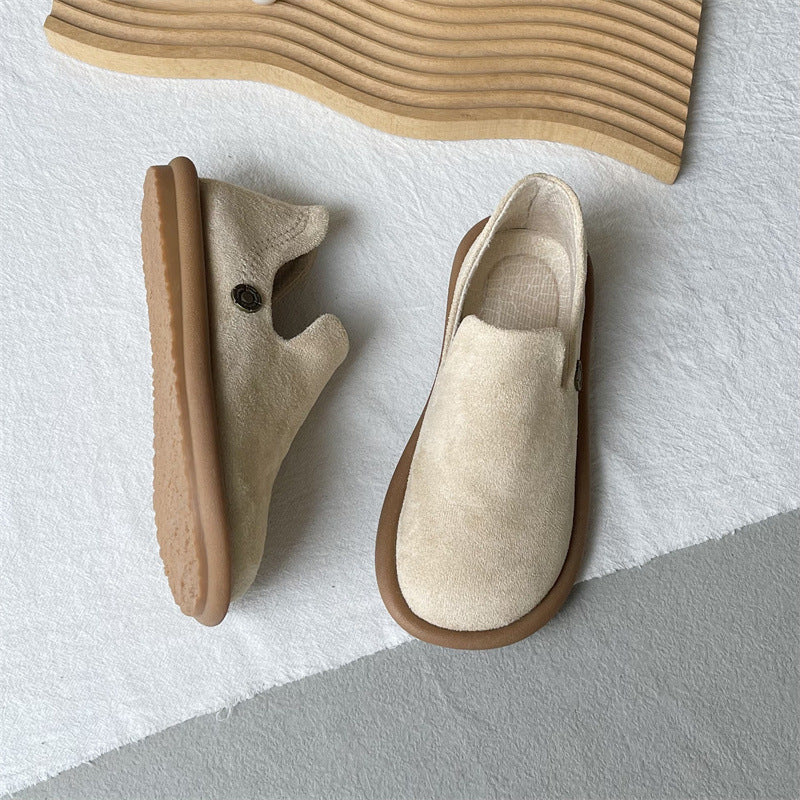 Women's Vintage Suede Slip-On Pumps | Low Heel Round Toe Dress Shoes | Creamy White & Black