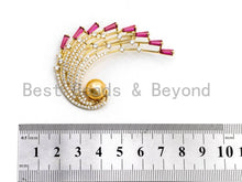 Load image into Gallery viewer, CZ Micro Pave Peacock Brooch Pin with 10mm Round Shell Pearl, Pave Peacock Brooch Jewelry, Gold Fuchsia CZ Pave Pin,  41x59mm, Sku#P27