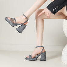 Load image into Gallery viewer, Women's Denim Strap Chunky Heel Sandals | Round Toe Block Heel | Light Blue, Dark Blue &amp; Gray