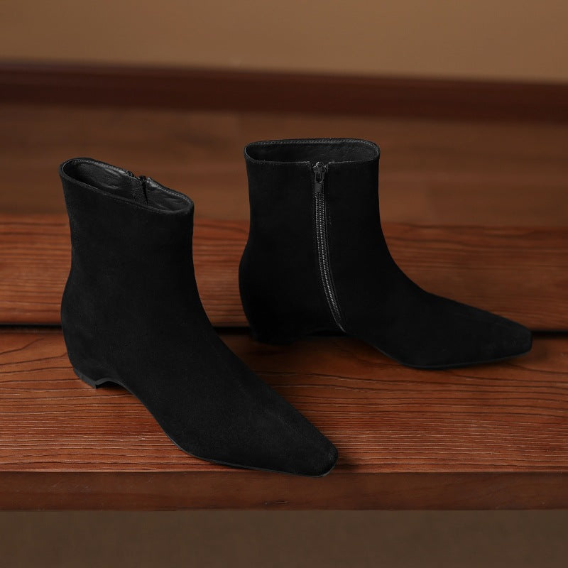 Women's Ankle Boots With Height Lift, Side Zipper & Fleece Lining | Square Toe Block Heel