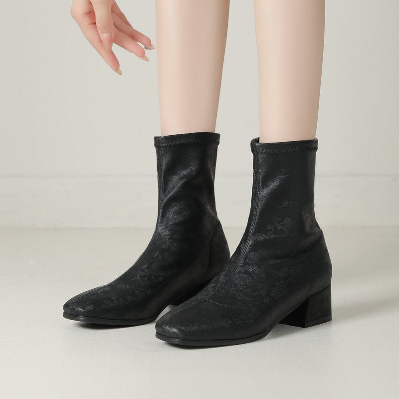 Women's Floral Embroidered Chunky Heel Booties | Retro Square Toe Slip-On Ankle Boots