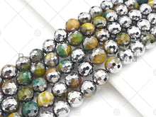Load image into Gallery viewer, Half Silver Plated Natural Olive Green Agate Beads, 10mm/12mm Round Faceted Olive Agate Beads, 15.5 Full Strand, sku# UA127
