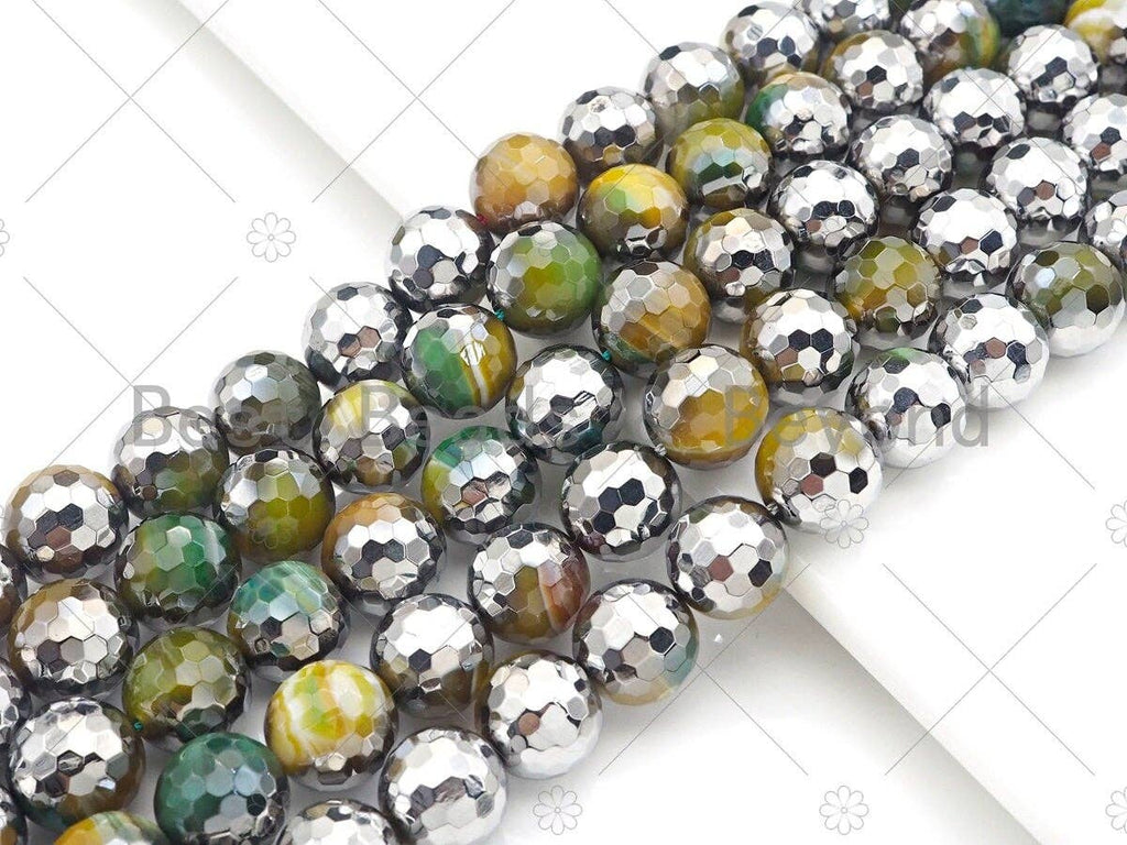 Half Silver Plated Natural Olive Green Agate Beads, 10mm/12mm Round Faceted Olive Agate Beads, 15.5 Full Strand, sku# UA127