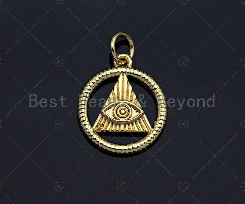 CZ Micro Pave Evil Eye On Triangle With Round Ring Shape Pendant, Gold Plated, Necklace Bracelet Charm Pendant, 18x20mm,sku#F1240