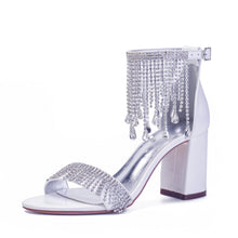 Load image into Gallery viewer, Women's Rhinestone Chunky Heel Sandals | Chain Strap Peep Toe Heels