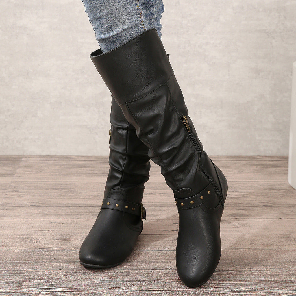 Women's Retro Belt-Buckle Leather Boots - Round Toe Chunky Heel Winter Boots