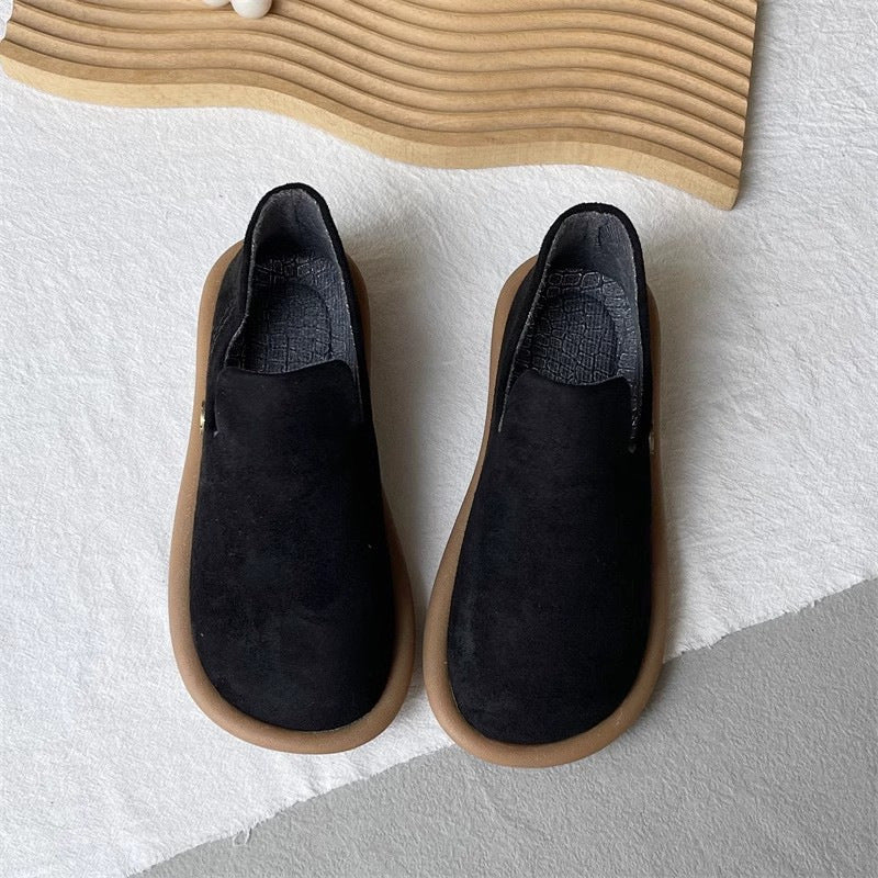 Women's Vintage Suede Slip-On Pumps | Low Heel Round Toe Dress Shoes | Creamy White & Black