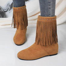Load image into Gallery viewer, Women's Studded Tassel Mid-Calf Boots - Wedge Heel Suede Boots with Metal Accents