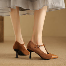 Load image into Gallery viewer, Elegant T-Strap Pointed Toe Stacked Heel Pumps