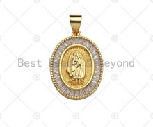 Load image into Gallery viewer, 18K Gold Virgin Mary On Oval Emblem Shape Pendant, Oval Charm, Virgin Mary Pave Pendant, Dainty Gold Charm,21x15mm, Sku#F1155