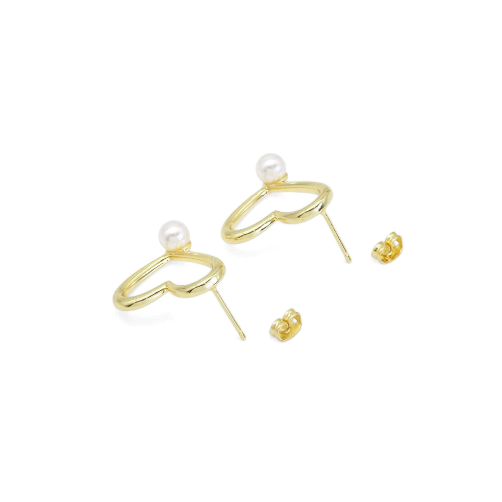 Gold White Pearl Heart Stud Earrings, Sku#LD478