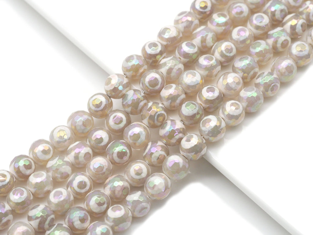 AB Mystic Whtie Tibetan Agate Evil Eye Round Beads, 8mm/10mm