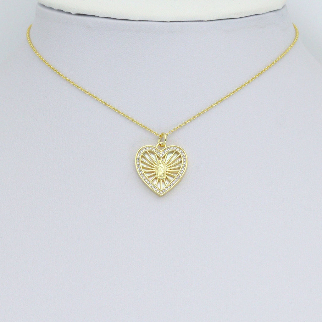 CZ Mother of Pearl Virgin Mary On Radiate Heart Charm Pendant, Sku#LK1149