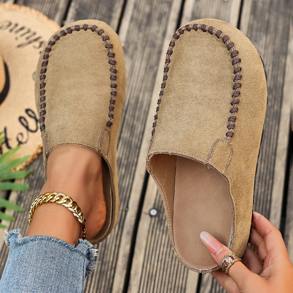 Women's Outdoor Closed-Toe Suede Half-Slipper | Thick PU Sole | Slip-On Vintage Style