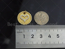 Load image into Gallery viewer, CZ Micro Pave Heart On Round Coin Charm/Pendant, Heart Shape Charm, Gold Coin Pendant, Gold plated charm, 18mm, Sku#LK131
