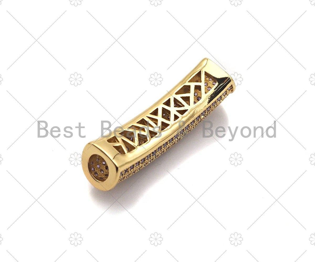 Violet CZ Micro Pave Half Full Pave Tube for Bracelet/Necklace, CZ Spacer Tube in Silver/Gold/Rose Gold/Black, Tube Beads, 38x8mm,sku#ML10