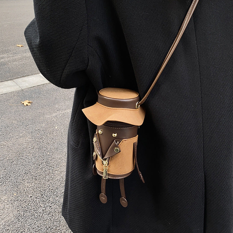 Women's Cylindrical Crossbody Phone Bag – Vintage Cartoon PU Leather Mini Shoulder Bag