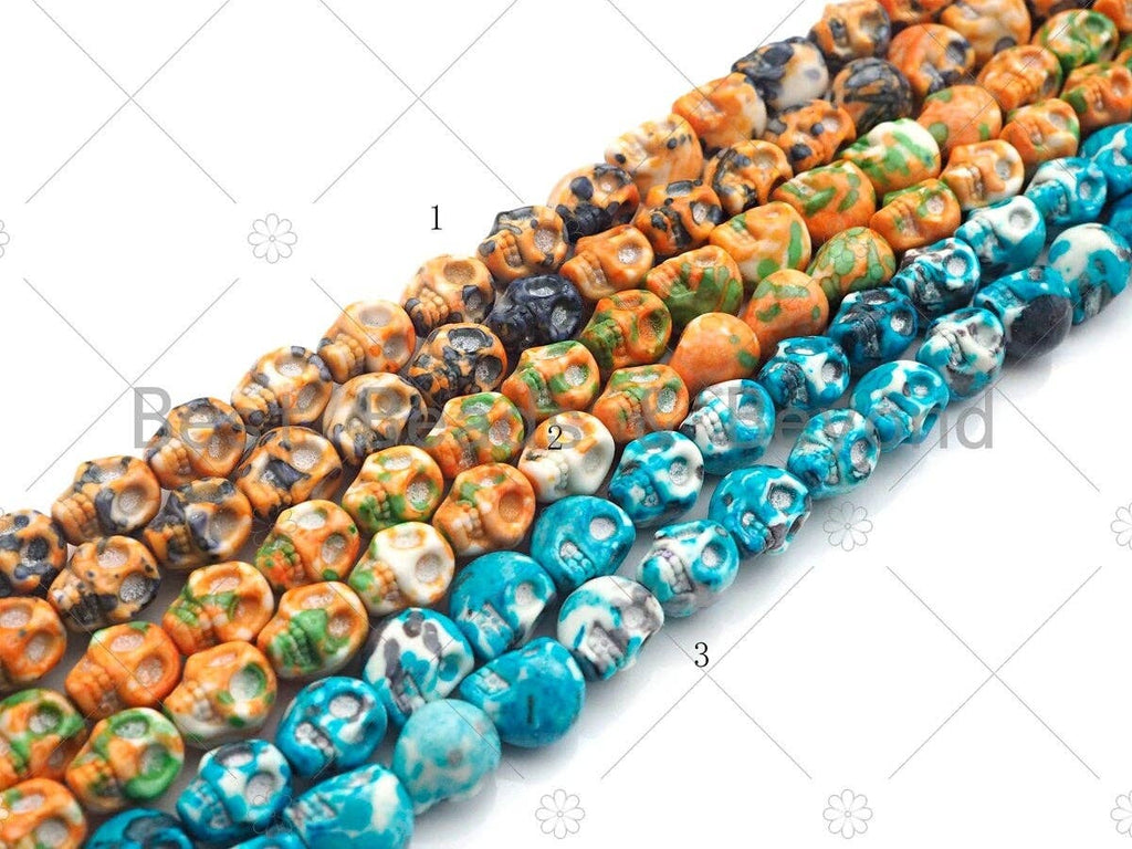Yellow Blue Orange Mottled Jade Carved Skull Beads, Round Sm