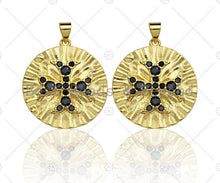Load image into Gallery viewer, 18K Gold Black CZ Cross On Round Coin Shape Pendant, Gold Coin Charm, Cross Pave Pendant, Men's Jewerly Findings, 25mm, Sku#LK61