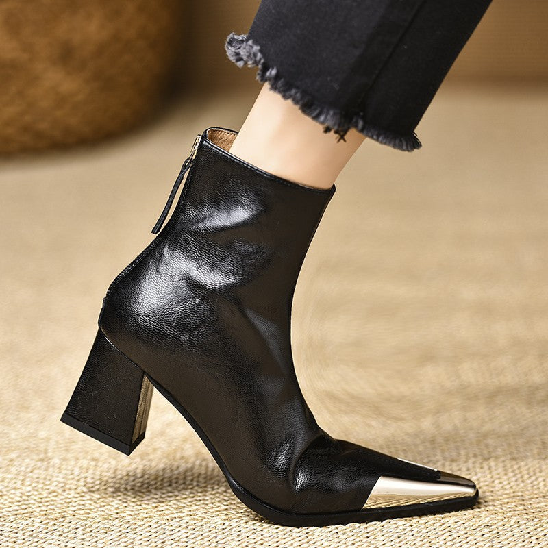 Pointed-Toe Chunky-Heel Leather Ankle Boots